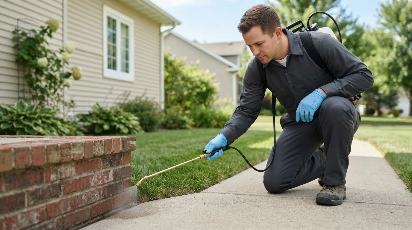 Pest control technician treating a home near Kelliher, MN