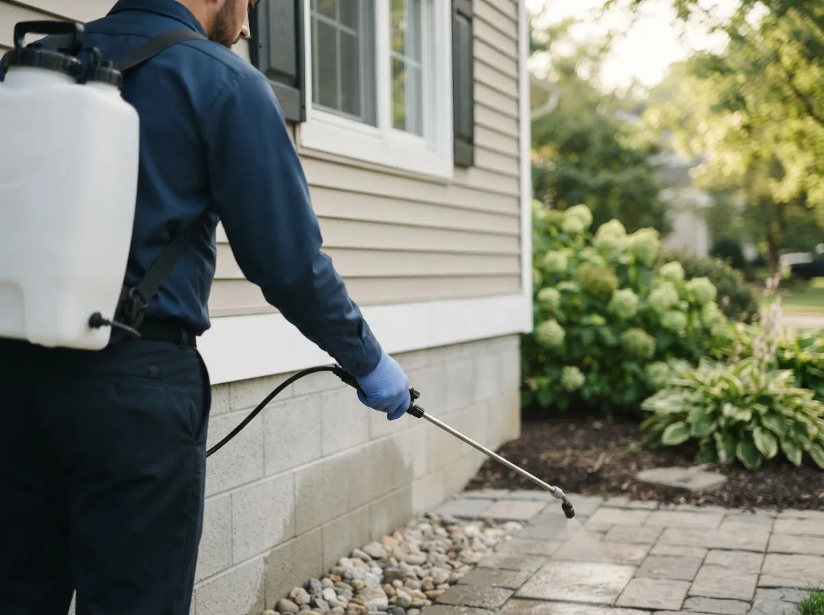 Pest control technician inspecting a home in Kelliher, MN